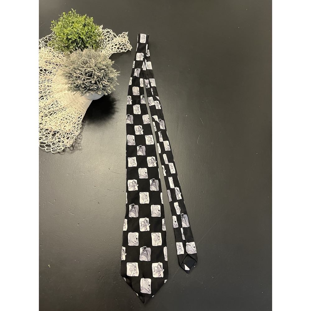 Disney Winnie The Pooh Vintage 90s Black White 100% Silk Mean Neck Tie